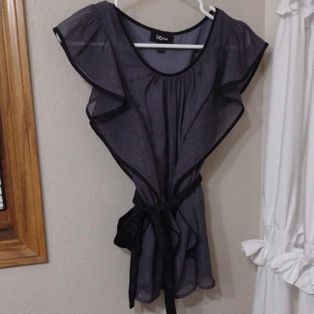 IZ Byer Women's Black Ruffle Top